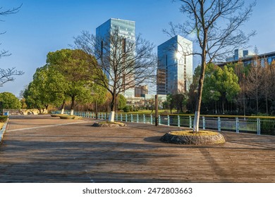 Wooden Boardwalk Leading to Modern Urban Skyline - Powered by Shutterstock