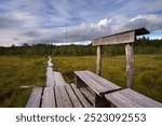 Wooden boardwalk leading through Soisalmensuo swamp in Hollola, Finland, under cloudy sky