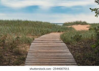 A wooden boardwalk winds through grassy dunes, leading toward the beach under an overcast sky, capturing the serene and rustic beauty of a coastal landscape - Powered by Shutterstock