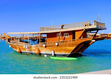 A wooden boat on the Caribbean sea during summer