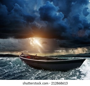 Wooden Boat In A Stormy Sea 