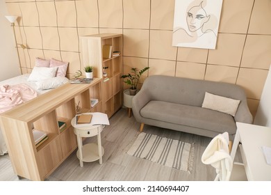 Wooden Book Shelf In Interior Of Modern Bedroom