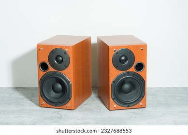 Wooden bookshelf speaker for home entertainment. Speaker in the room. - Shutterstock ID 2327688553