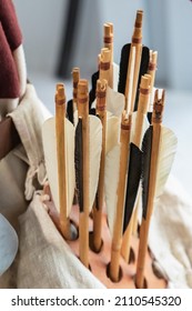 Wooden Bow Arrows With White And Black Plumage Close Up