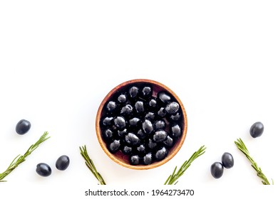 Wooden Bowl With Black Olives. Overhead View, Space For Text