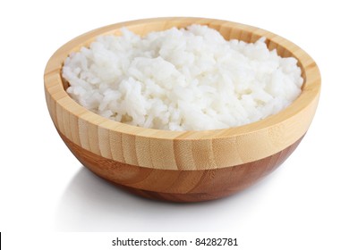 Wooden Bowl Of Cooked Rice  Isolated On White