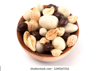 A Wooden Bowl Filled With Healthy Trail Mix