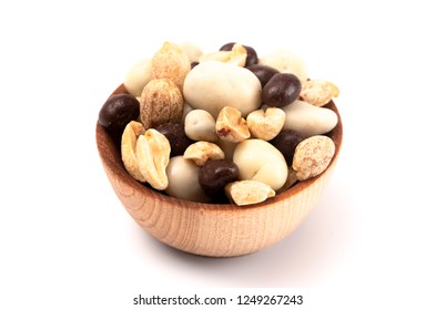 A Wooden Bowl Filled With Healthy Trail Mix