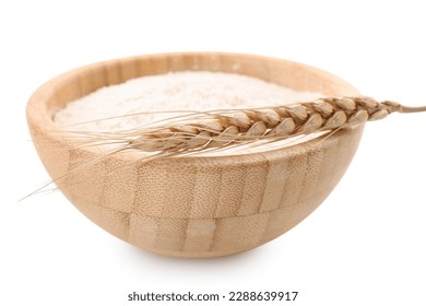 Wooden bowl with flour and wheat ear isolated on white background - Powered by Shutterstock