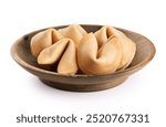 Wooden bowl with fortune cookie isolated on a white background. With clipping path.