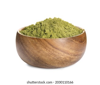 Wooden Bowl With Hemp Protein Powder Isolated On White