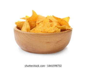 Wooden bowl of Mexican nachos chips on white background - Powered by Shutterstock