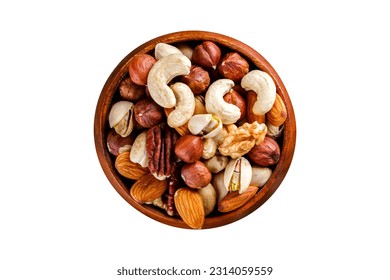 Wooden bowl with mixed nuts on white table top view.  - Shutterstock ID 2314059559