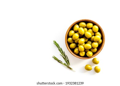 Wooden Bowl Of Pickled Green Olives, Top View