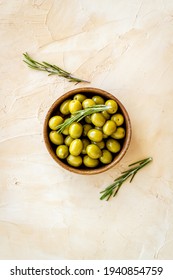 Wooden Bowl Of Pickled Green Olives, Top View