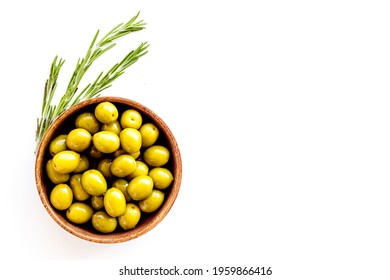 Wooden Bowl Of Pickled Green Olives, Top View