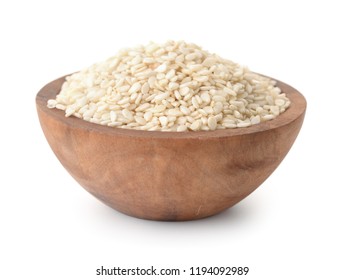 Wooden Bowl Of Sesame Seeds Isolated On White