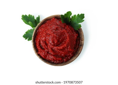 Wooden Bowl Of Tomato Paste Isolated On White Background