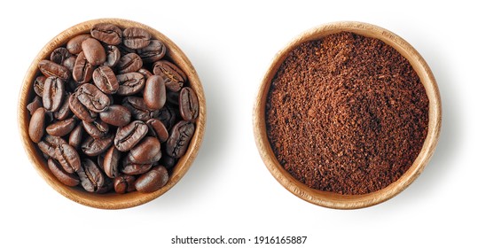 wooden bowls of coffee isolated on white background, top view
