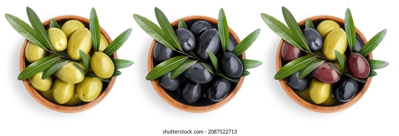 Wooden bowls with olives, view from above, isolated on white background - Powered by Shutterstock