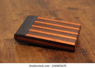 Wooden Box Card Holder Made Out Of Wood On Wooden Background