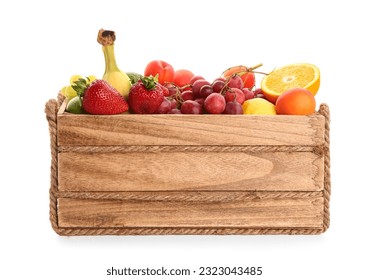 Wooden box with different fresh fruits on white background - Powered by Shutterstock
