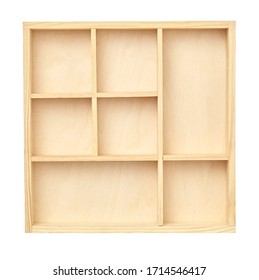 Wooden box with empty cells isolated on white background. Top view.