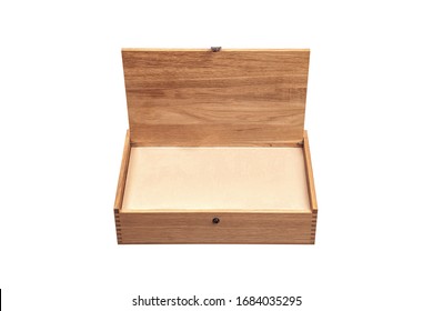 Wooden Box With A Lid Isolate On A White Background. Packaging For An Expensive Gift. New Box Made Of Light Wood.