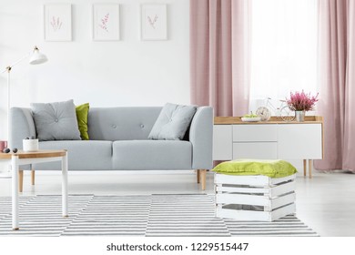 Wooden Box With Olive Green Pillow On Striped Carpet In Bright Scandinavian Living Room With Grey Couch And Coffee Table, Real Photo