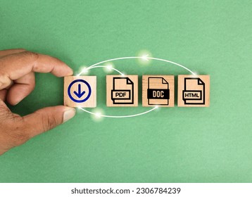 wooden box with save file icon or download file format pdf, doc and html file. file icons are arranged into folders. Concept document management system or DMS. 