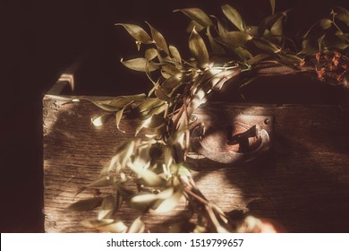 Wooden Box And The Wreath Of Dried Ruscus