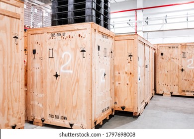 Wooden boxes in the warehouse. Boxes out of wood for packing industrial machinery. Warehousing. Packaging of finished products of the plant. Sale of packaging materials. - Shutterstock ID 1797698008