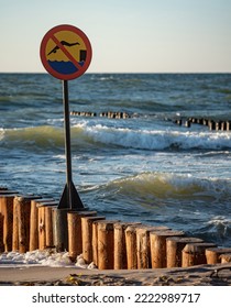 Wooden Breakwaters. Sign Forbidding Jumping From Breakwaters Into The Sea. Beach Hazard Warning Sign.