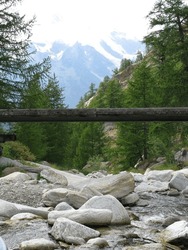 Wooden Bridge Across Stream In Mountains