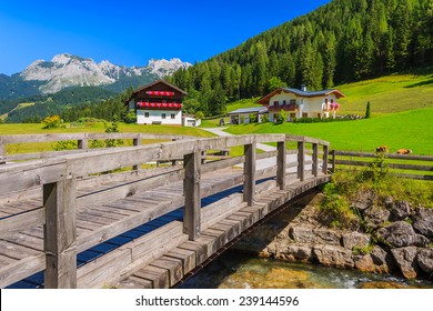 Wooden bridge to alpine village in summer, Austria