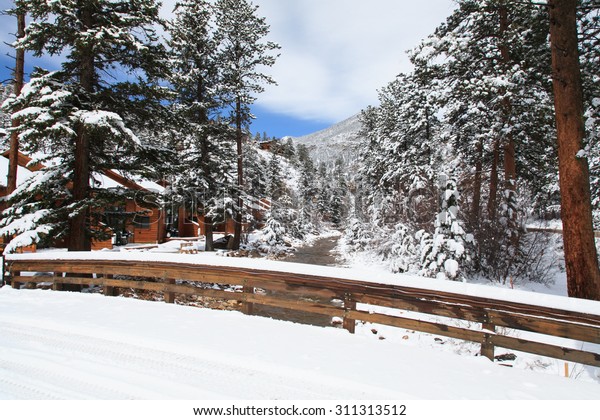 Wooden Bridge Cabins Covered By Snow Nature Stock Image