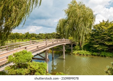 Wooden Bridge To The Japanese Island In The Chicago Botanic Garden, USA