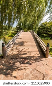 Wooden Bridge To The Japanese Island In The Chicago Botanic Garden, USA