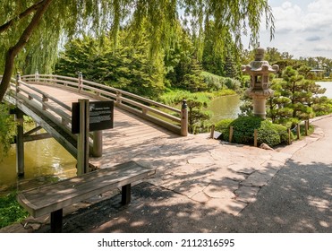 Wooden Bridge To The Japanese Island In The Chicago Botanic Garden, USA