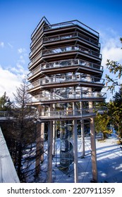 Wooden Bridge And Observation Deck For Walking Through Treetops. Pohorje Treetop Walk, Rogla. Slovenia, Europe.