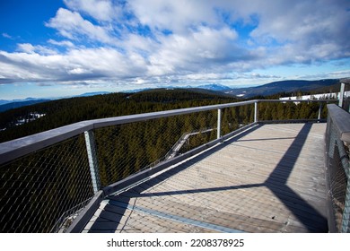 Wooden Bridge And Observation Deck For Walking Through Treetops. Pohorje Treetop Walk, Rogla. Slovenia, Europe.