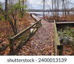 Wooden bridge on a fall season. Fraser River Park Vancouver BC Canada.