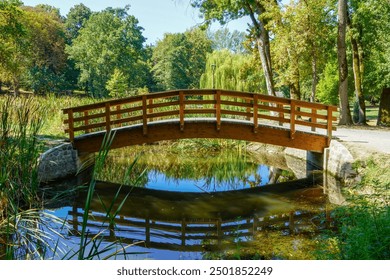 A wooden bridge over a small stream in the park in spring.
 - Powered by Shutterstock