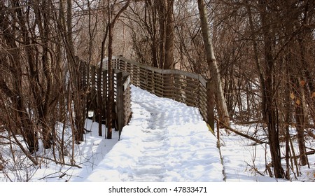 Wooden bridge in park with turn, winter scene