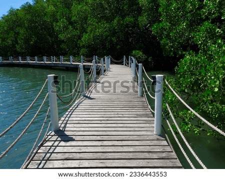 Wooden bridge. Pier by the sea. A wooden pier with a rope railing leads along the sea and trees.                               