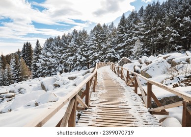 Wooden bridge in the winter mountain . Vitosha mountain ,Bulgaria