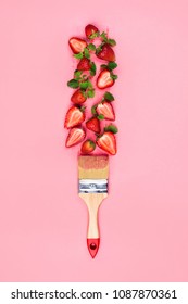 Wooden Bristle Painting Brush With Cut And Whole Strawberries And Mint Leaves On Pink, Strawberry Sorbet Ingredients, Flatlay