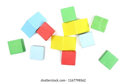 Wooden Building Blocks For Children, Isolated On White Background, Top View