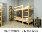Wooden bunk bed , desk in large hostel  room