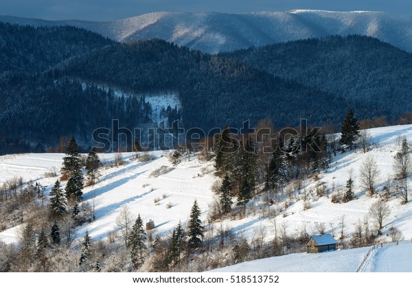 Wooden Cabin On Snowcovered Hill Sunrise Stock Image Download Now